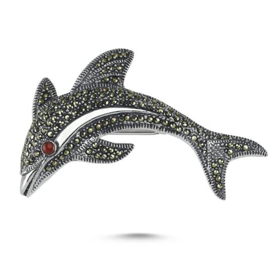 Wholesale Dolphin Marcasite & Red Agate Brooch