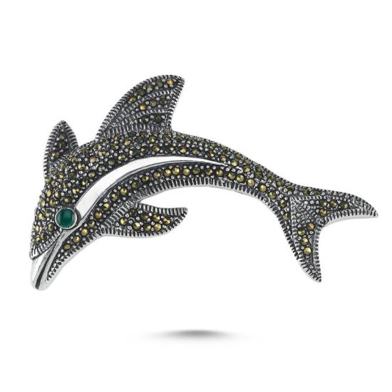 Wholesale Dolphin Marcasite & Green Agate Brooch