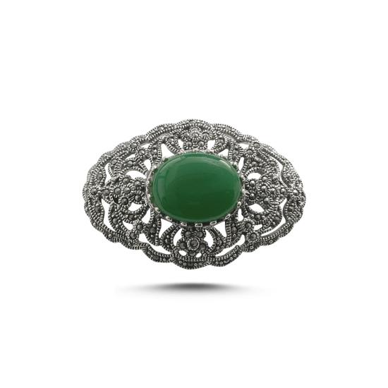 Marcasite & Green Agate Brooch