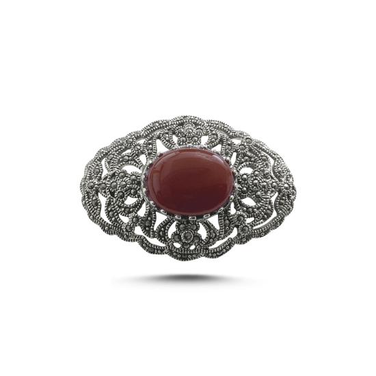 Marcasite & Red Agate Brooch