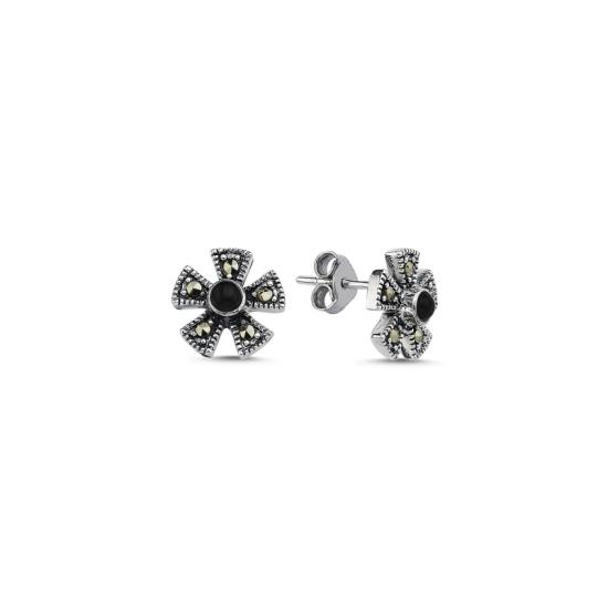 Wholesale Marcasite & Onyx Flower Stud Earrings