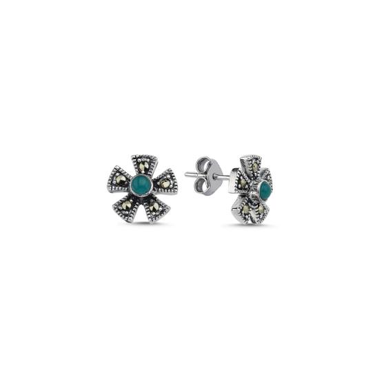 Wholesale Marcasite & Green Agate Flower Stud Earrings