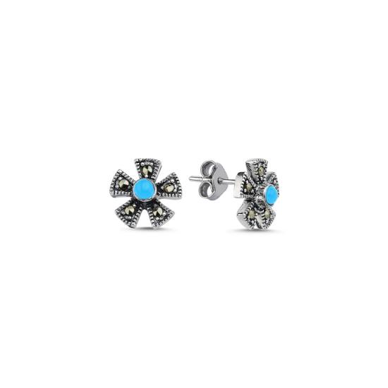 Wholesale Marcasite & Blue Turquoise Flower Stud Earrings