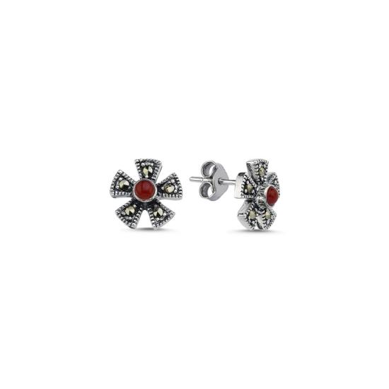 Wholesale Marcasite & Red Agate Flower Stud Earrings