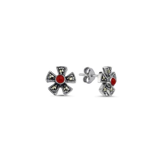 Wholesale Marcasite & Coral Flower Stud Earrings