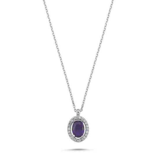 Wholesale Oval Amethyst CZ Halo Solitaire Necklace