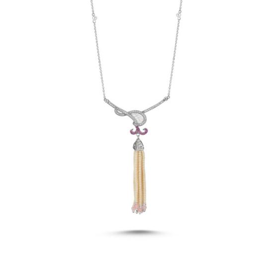 Wholesale CZ Necklace with Mallorca Pearl and Rose Quartz Tassel