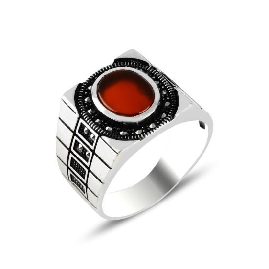 Wholesale Marcasite & Red Agate Stone Men’s Ring