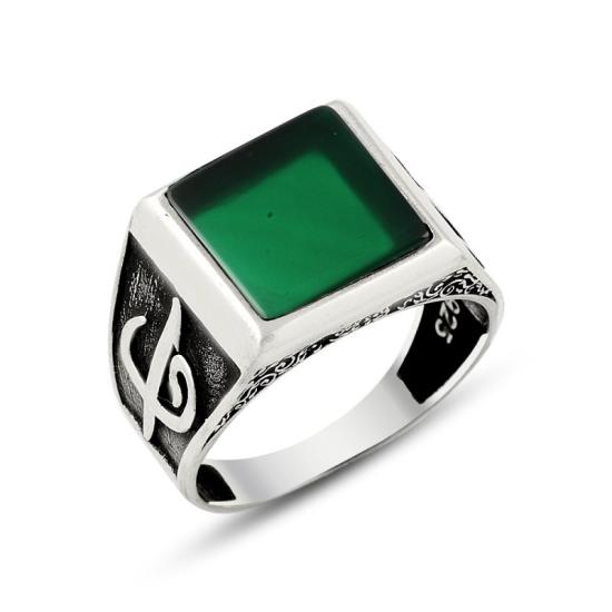 Wholesale Green Agate Alif & Waw Letter Men’s Ring