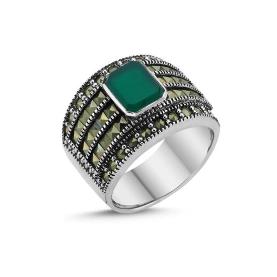 Wholesale Marcasite & Green Agate Stone Men’s Ring