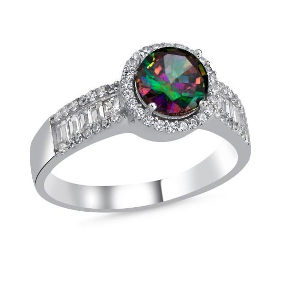 Wholsale Mystic Topaz Baguette & CZ Halo Solitaire Ring