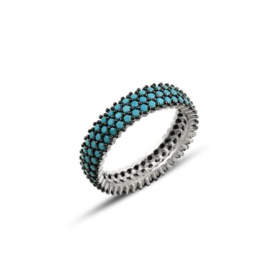 Wholesale Rhodium Plated Turquoise CZ 3 Row Eternity Ring With Black