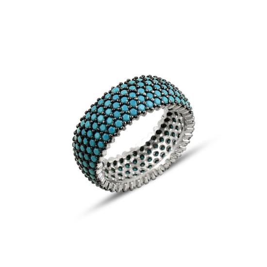 Wholesale Rhodium Plated Turquoise CZ 5 Row Eternity Ring With Black