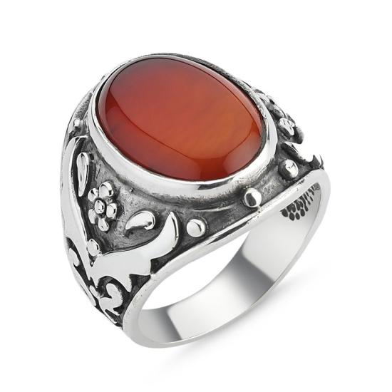 Wholesale Anatolian Rug Patterned Men’s Oxidized Ring with Oval Agate