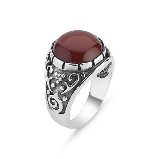 Wholesale Anatolian Rug Patterned Men’s Oxidized Ring with Round Red Agate