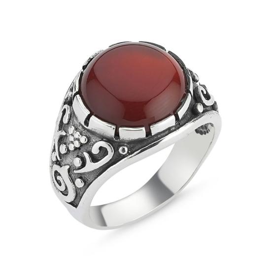 Wholesale Anatolian Rug Patterned Men’s Oxidized Ring with Round Red Agate