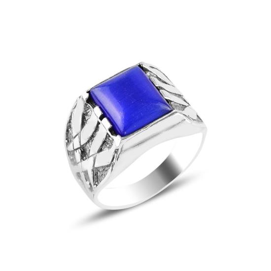 Wholesale Men’s Oxidized Ring with Square Navy Blue Cat’s Eye