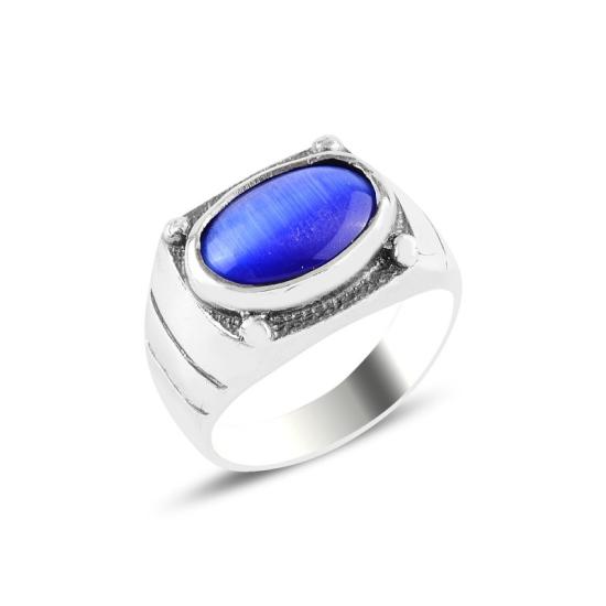 Wholesale Men’s Oxidized Ring with Oval Navy Blue Cat’s Eye