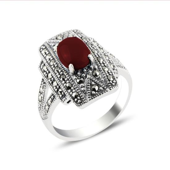 Red Agate & Marcasite Ring