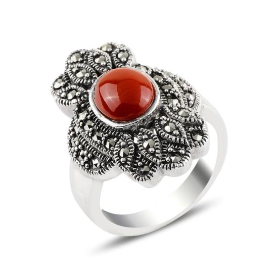 Red Agate & Marcasite Ring