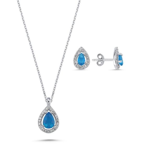 Wolesale Teardrop Aquamarine CZ Halo Solitaire Set