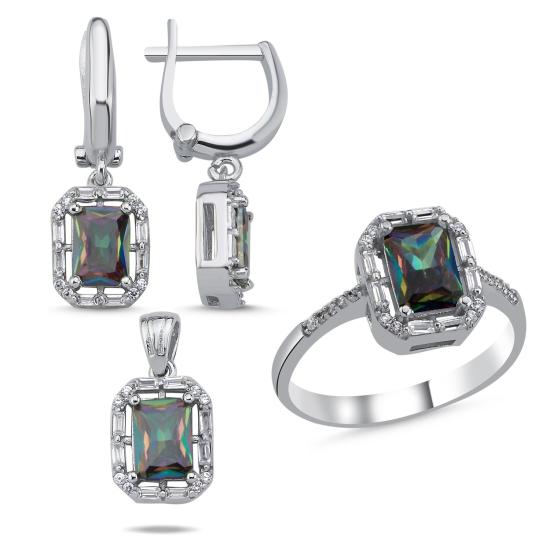 Toptan 925 Ayar Gümüş Mystic Topaz Baget & Halo Zirkon Taşlı Set