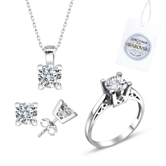 Toptan 925 Ayar Gümüş Swarovski Zirkon Tek Taş Set