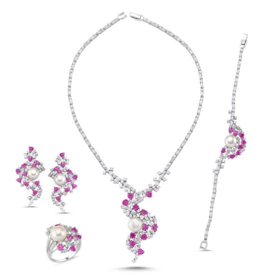 Wolesale Pink CZ and Pearl Bridal Set