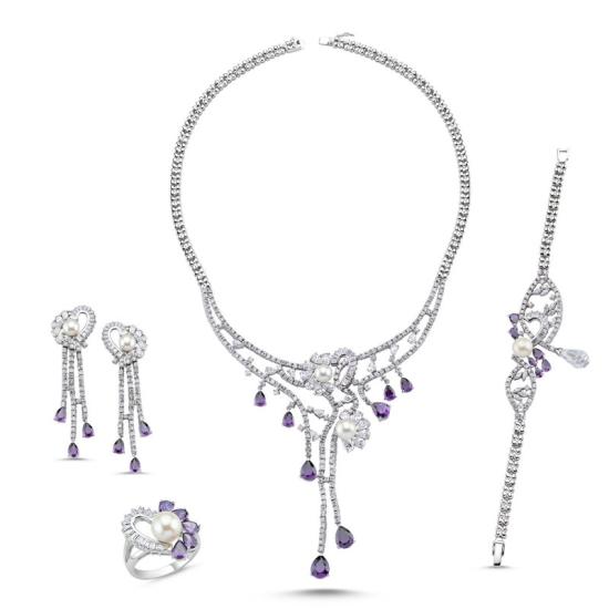 Wolesale Amethyst CZ and Pearl Bridal Set