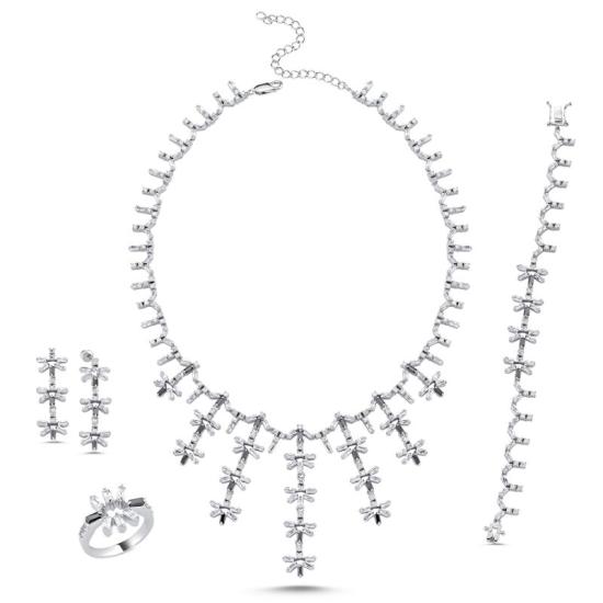 Wolesale Black-White CZ Necklace, Bracelet & Earrings Bridal Set