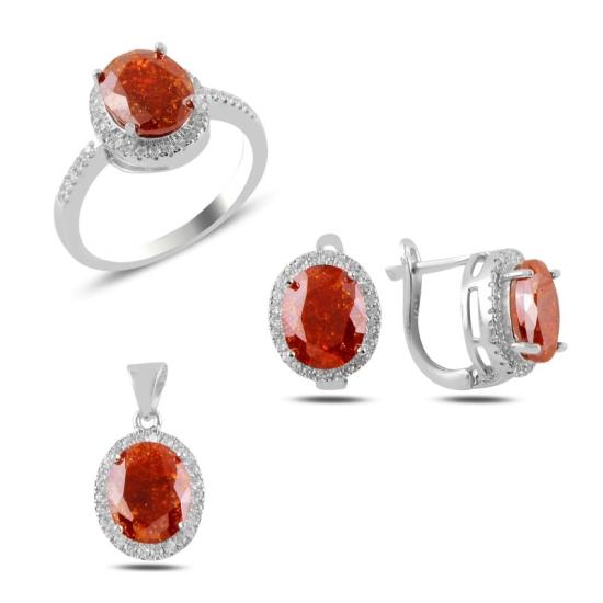 Toptan 925 Ayar Gümüş Buzlu Garnet Zirkon Taşlı Set