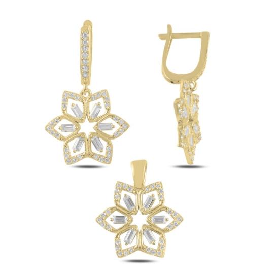 Wolesale Flower Baguette CZ Dangle Latch Back Set